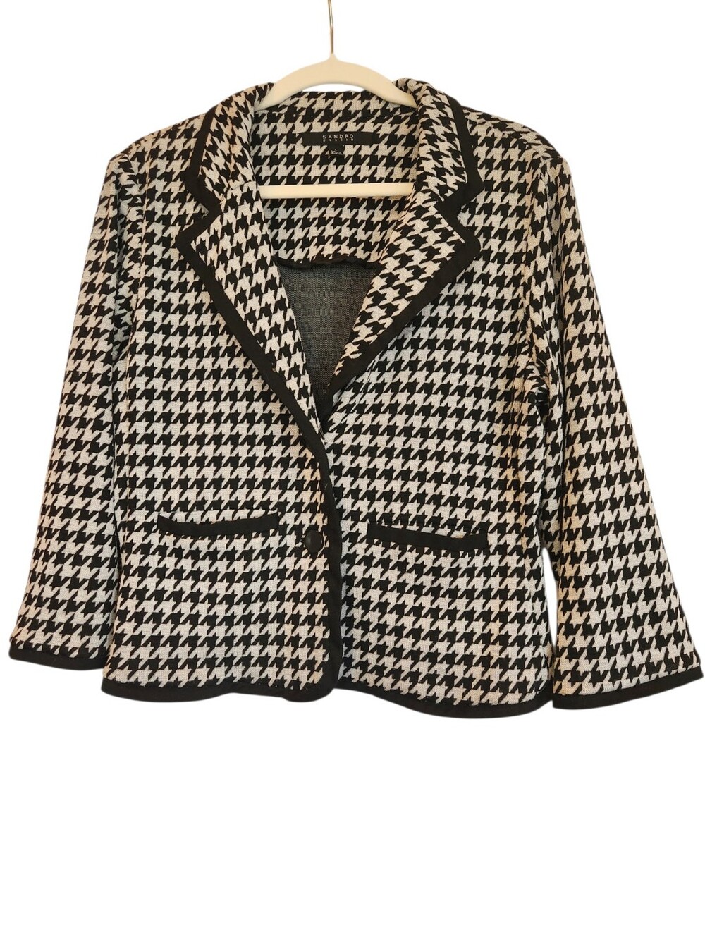 Sandro Studio Black/White Houndstooth Knit Blazer Jacket Size L Office Career